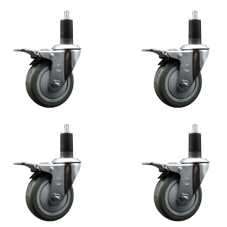 Service Caster 4'' Gray Poly Swivel 1-1/4'' Expanding Stem Caster Set Total Lock Brake, 4PK SCC-EXTTL20S414-PPUB-114-4